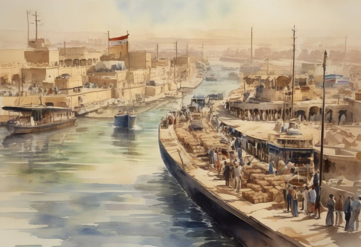 Watercolor painting based depiction of Egyptian President Gamal Abdel Nasser nationalized the Suez Canal, leading to the Suez Crisis. (1956)