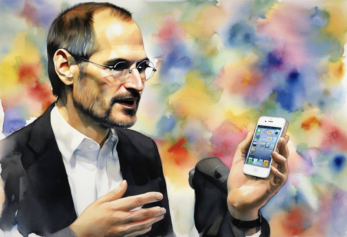 Watercolor painting based depiction of Apple Inc. CEO Steve Jobs announces the iPhone at the Macworld convention in San Francisco, revolutionizing the smartphone industry. (2007)