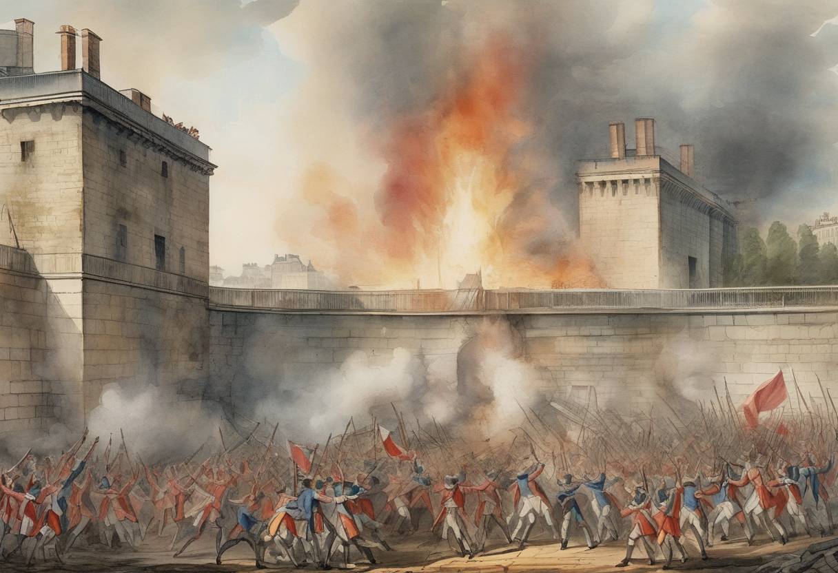 Watercolor painting based depiction of The Storming of the Bastille occurred in Paris, marking a pivotal event in the French Revolution. (1789)