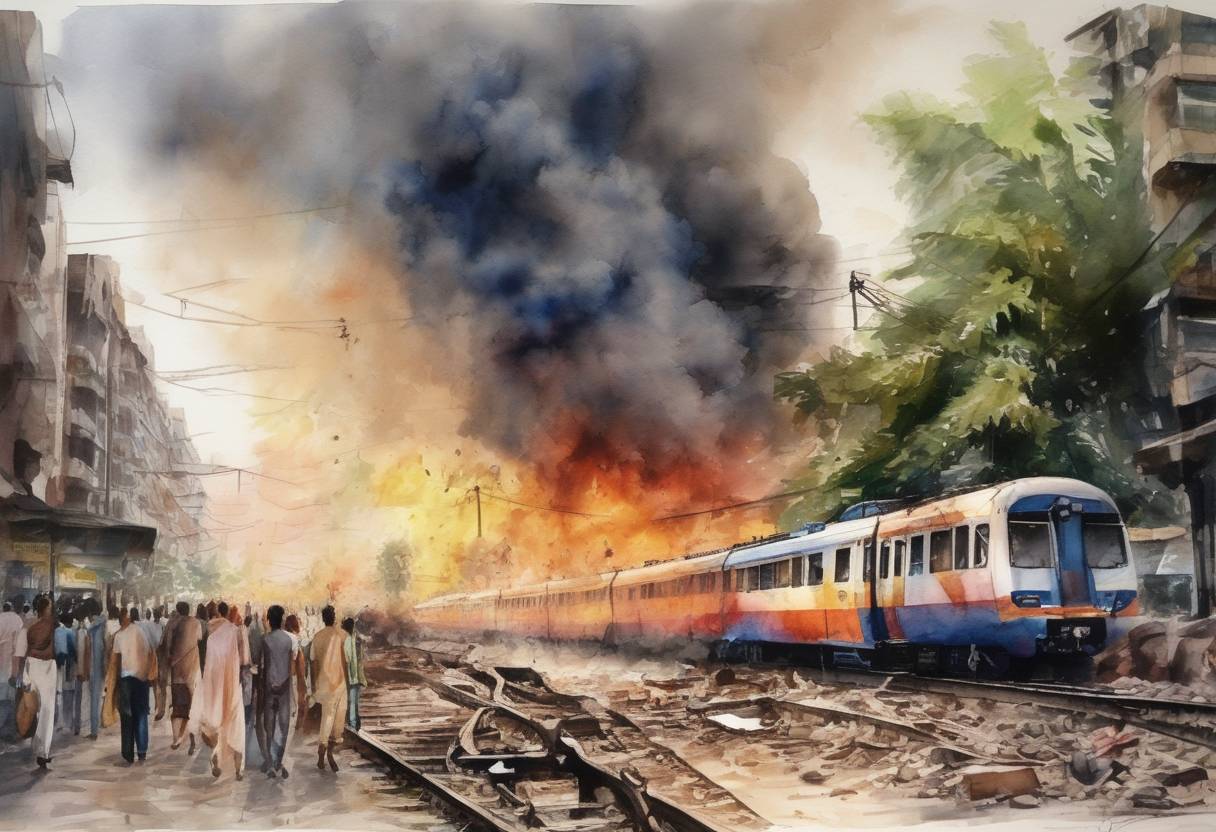 Watercolor painting based depiction of A series of coordinated bomb attacks struck commuter trains in Mumbai, India, killing 209 people and injuring over 700. The attacks were carried out by seven bombs that exploded over a period of 11 minutes during the evening rush hour. (2006)