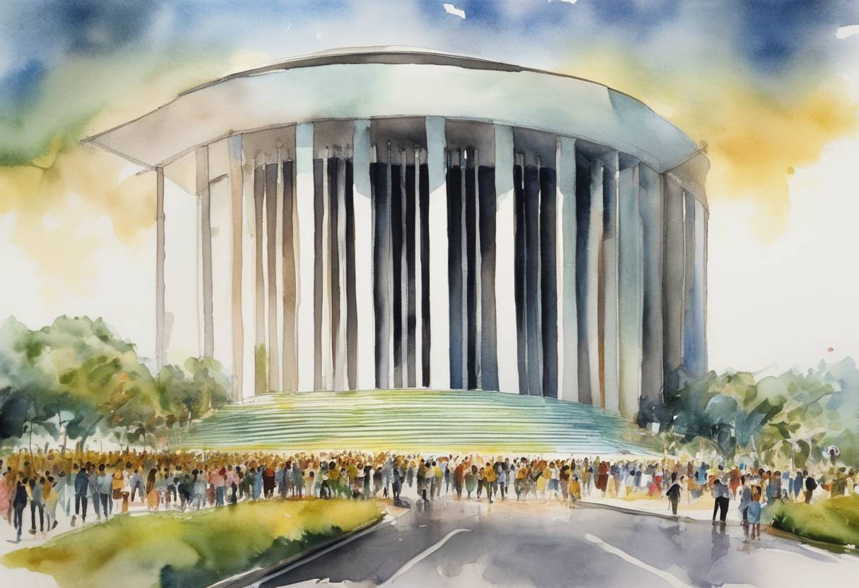 Watercolor painting based depiction of Supporters of former Brazilian President Jair Bolsonaro storm government buildings, including the Congress, Supreme Federal Court, and Planalto Presidential Palace, in Brasília, similar in style to the January 6, 2021, attack on the U.S. Capitol. (2023)