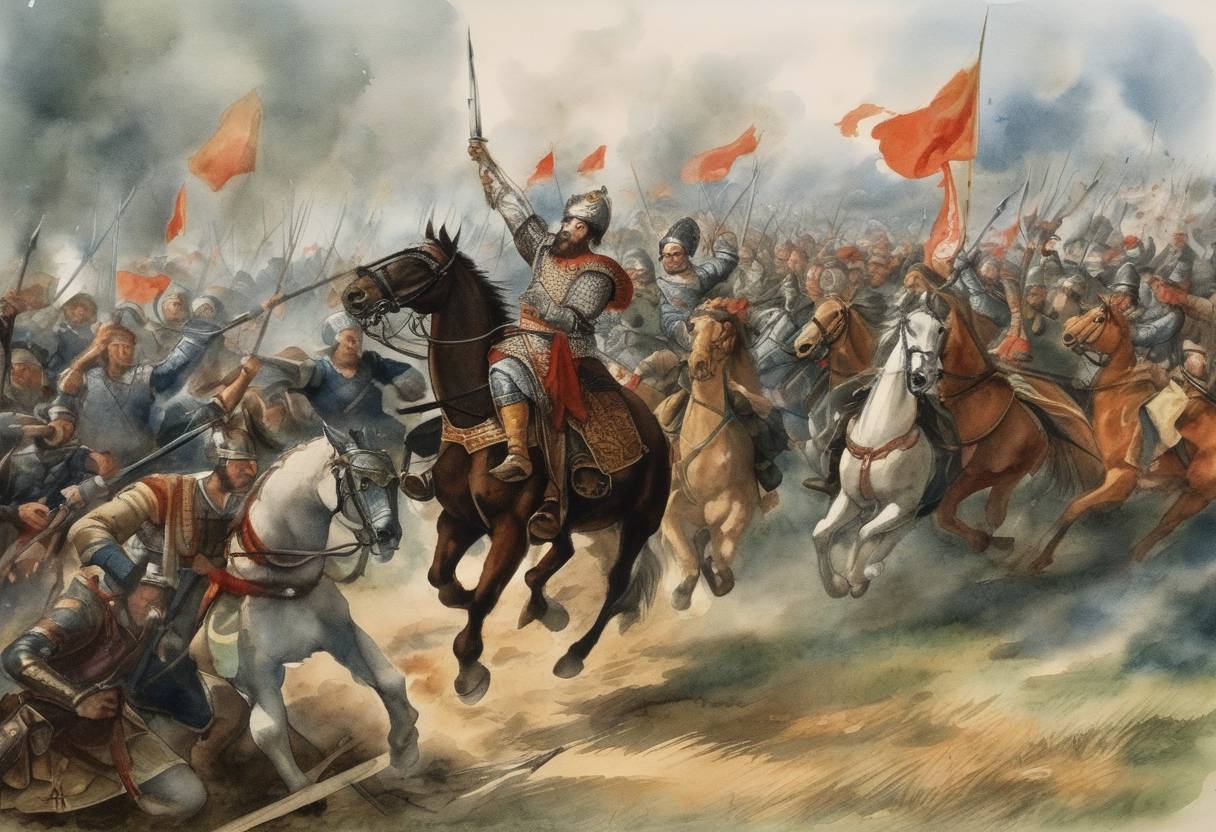 Watercolor painting based depiction of The first significant battle of the Dutch Revolt's new phase occurred, the Battle of Călugăreni, with Michael the Brave leading his forces to a defensive victory over the Ottoman Empire. (1595)