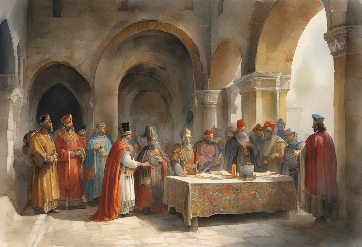 Watercolor painting based depiction of The Treaty of Oderzo was signed on August 17, 1186, by the Republic of Venice and the Byzantine Empire. This treaty solidified Venetian trading rights within the Byzantine territories, reflecting the complex political and economic relationships between the two powerful entities during the medieval period. (1186)