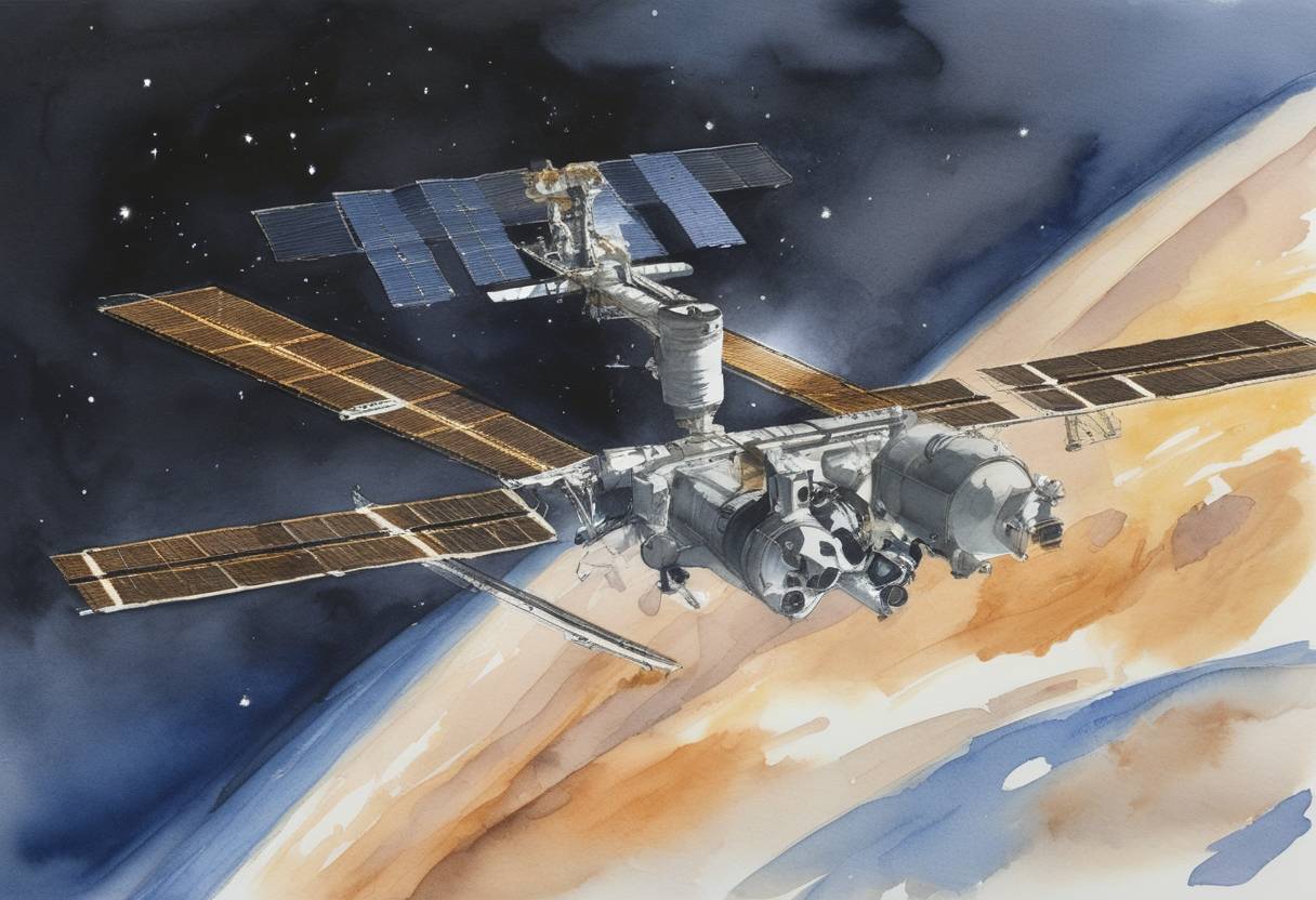 Watercolor painting based depiction of The International Space Station's first resident crew arrives for Expedition 1. (2000)
