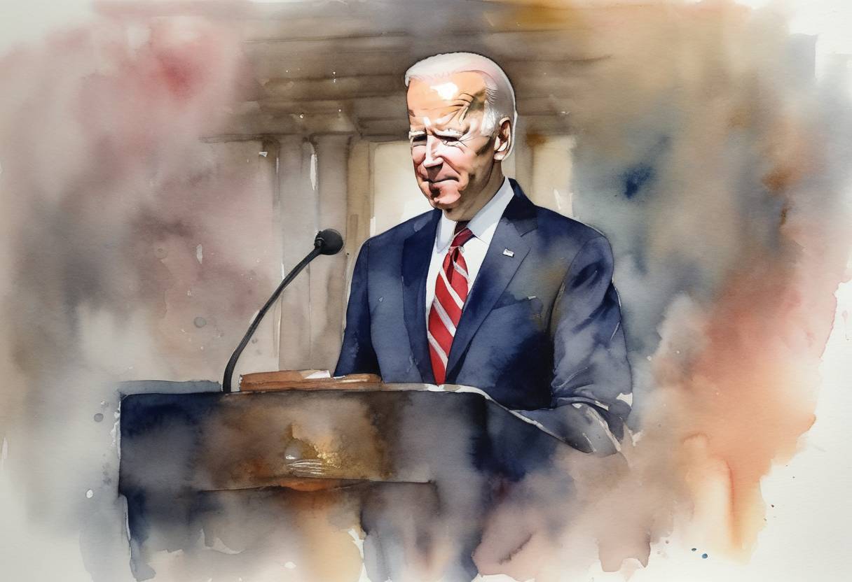 Watercolor painting based depiction of US President Joe Biden signed a hate crimes law addressing hate crimes against Asian Americans, a priority during his administration in response to rising anti-Asian attacks during the COVID-19 pandemic. (2021)