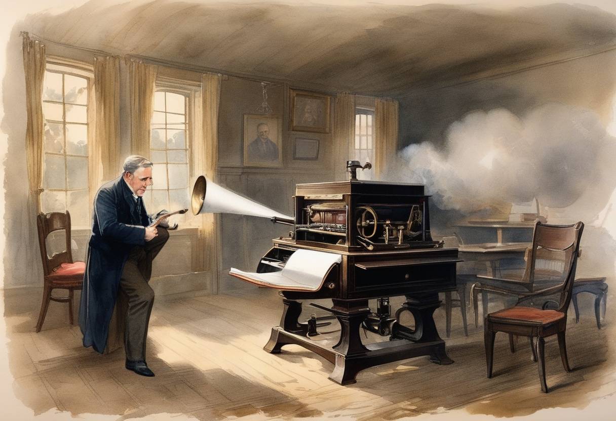 Watercolor painting based depiction of Thomas Edison wrote to the president of the Telegraph Company in Pittsburgh, proposing the use of the phonograph for entertainment and education. (1877)