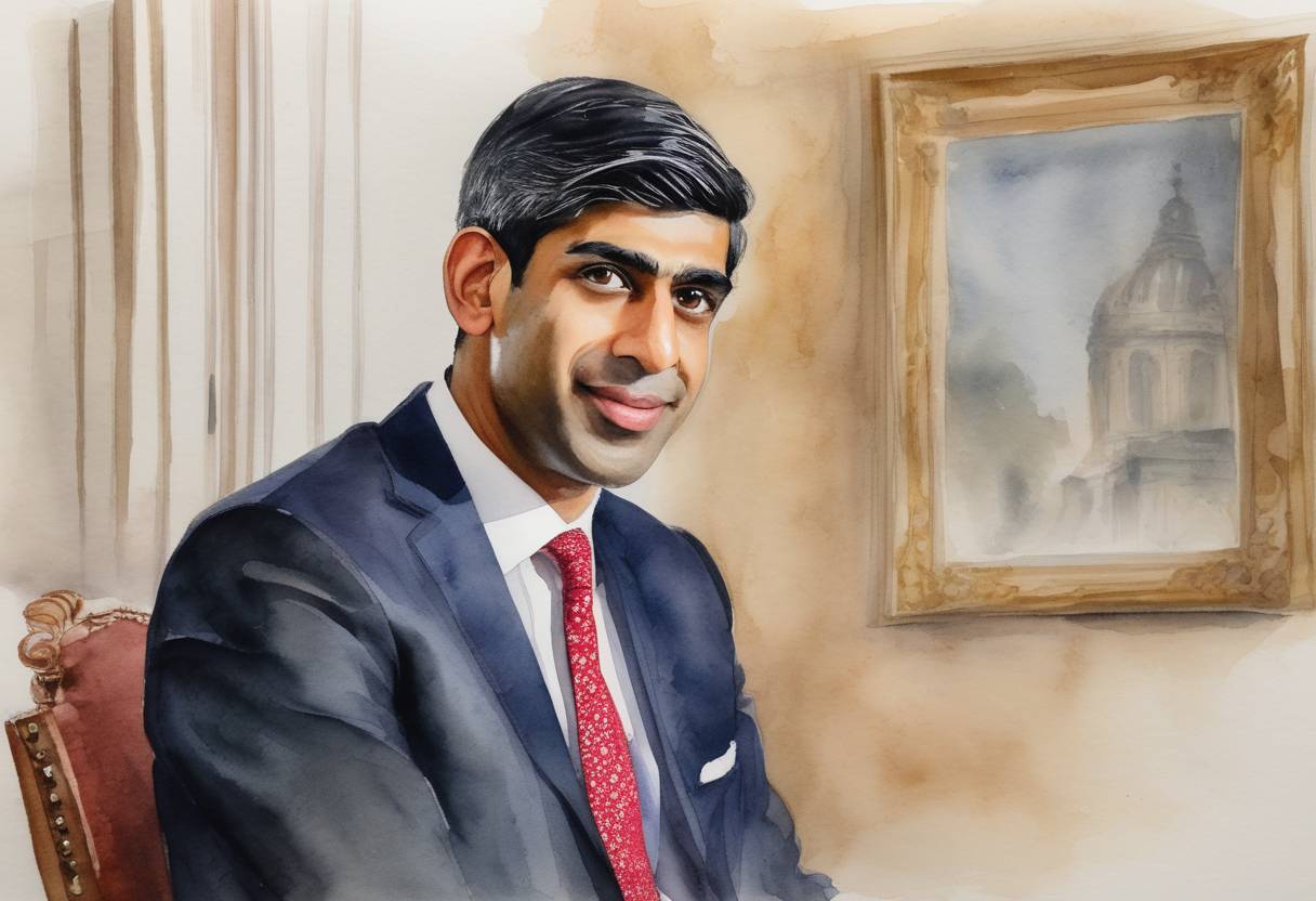 Watercolor painting based depiction of Rishi Sunak, former Chancellor of the Exchequer, formally assumes office as the Prime Minister of the United Kingdom, becoming the first British Asian and Hindu to serve as the head of government. (2022)