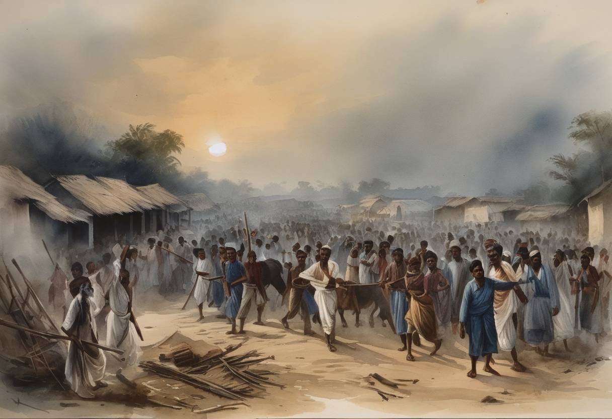 Watercolor painting based depiction of Sankharitola Massacre occurred in Domkal, Murshidabad district, resulting in numerous deaths as a part of the ongoing Indigo Revolt in Bengal. (1873)