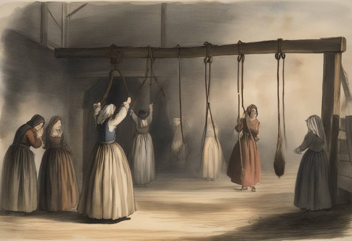 Watercolor painting based depiction of Five women were executed by hanging after being convicted of witchcraft in the Salem witch trials. (1692)