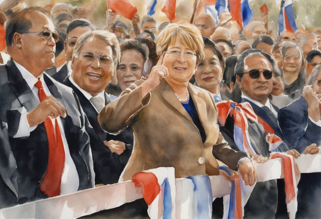 Watercolor painting based depiction of Michelle Bachelet is inaugurated as the first female President of Chile, marking a significant milestone in the nation's political history. (2006)