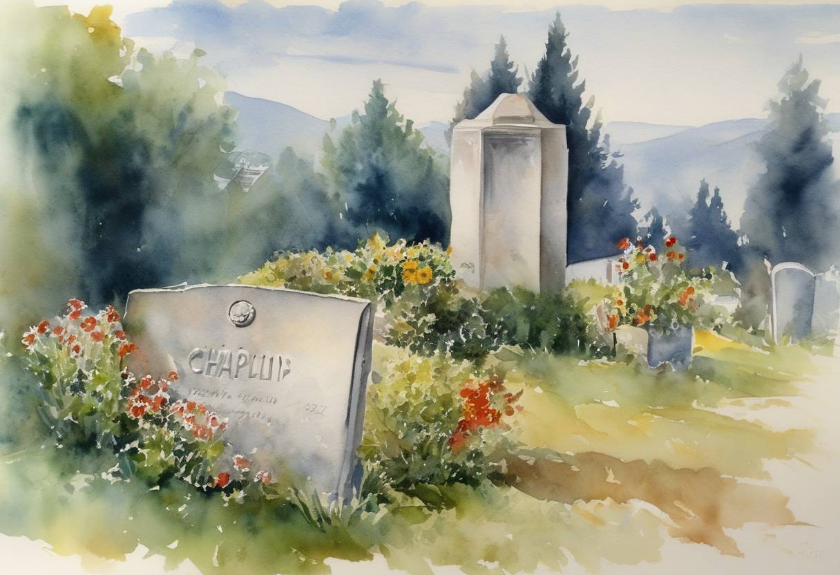 Watercolor painting based depiction of The grave of Charlie Chaplin was discovered desecrated and his body stolen in Switzerland. (1978)