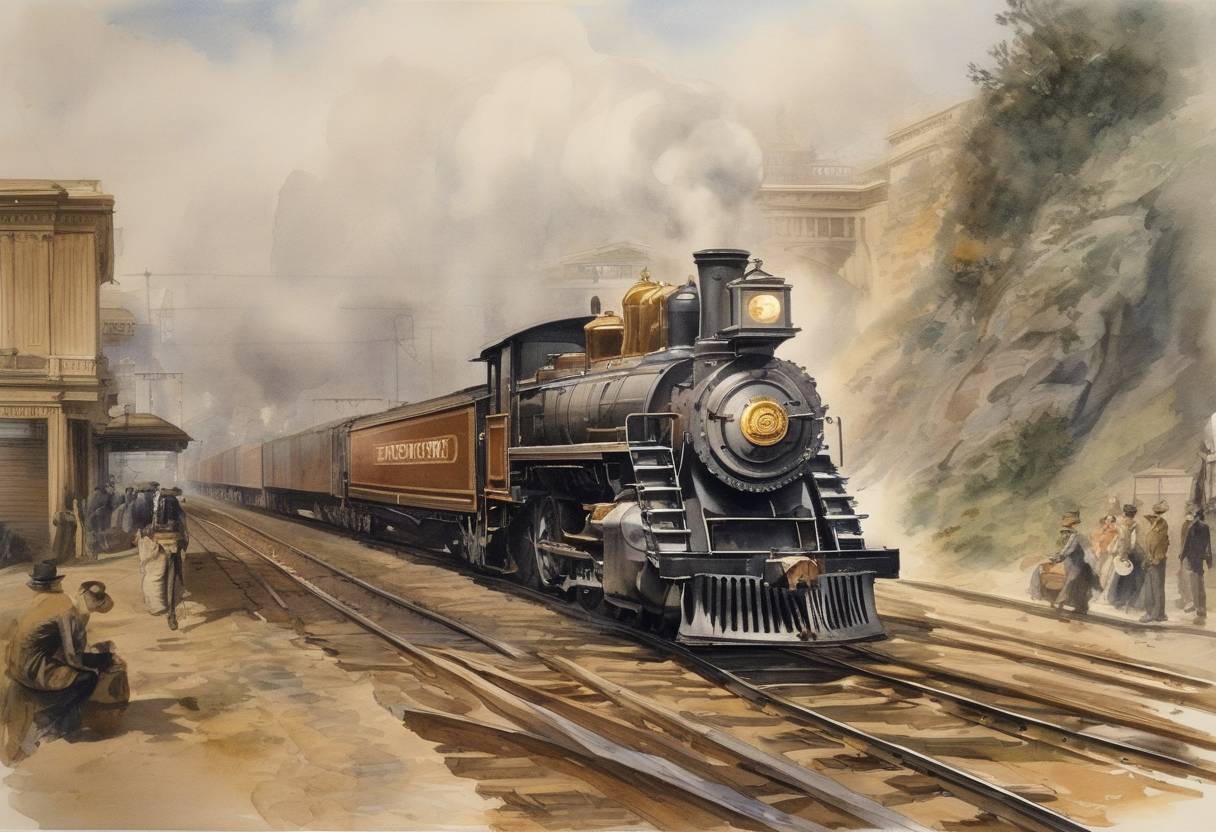 Watercolor painting based depiction of The Southern Pacific Company (SP) forms through the consolidation of several railroads, continuing its expansion as a major railway system in the United States. (1896)