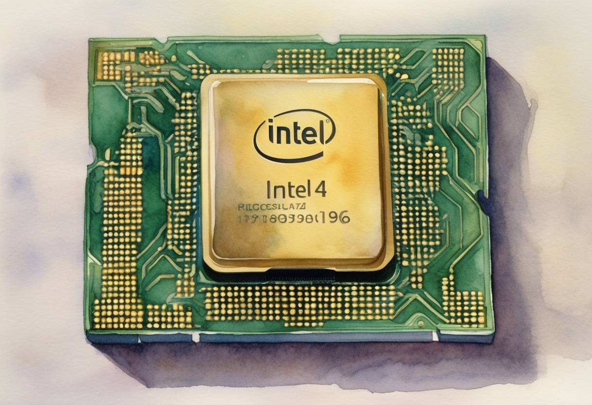 Watercolor painting based depiction of Intel released the first Intel 486DX2 microprocessor, marking a significant advancement in computer processing technology. (1991)