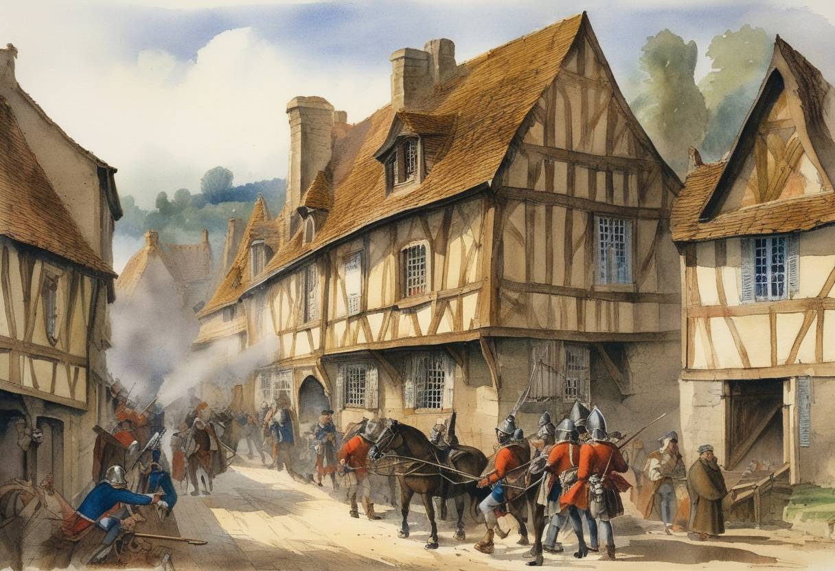 Watercolor painting based depiction of The English capture the town of Rouvray during the Hundred Years' War, known as the Battle of the Herrings, which saw French and Scottish forces defeated. (1429)