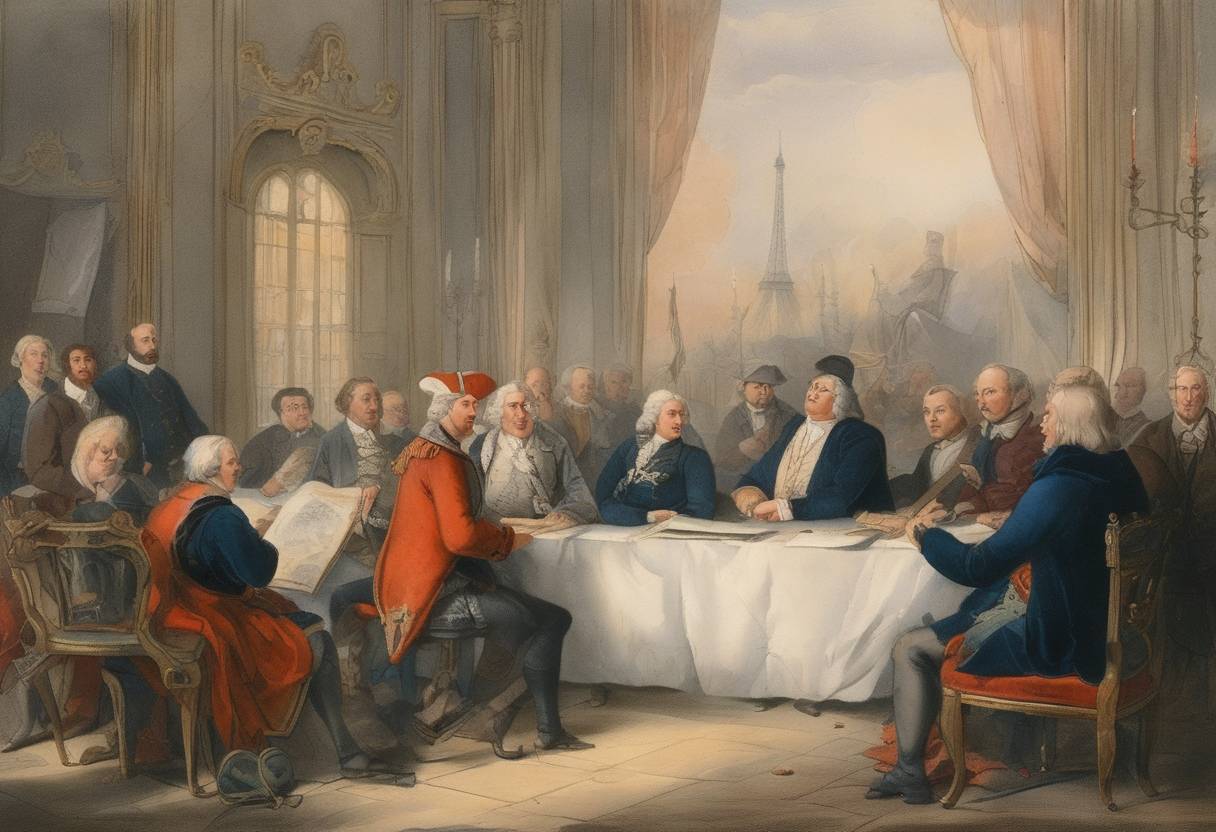 Watercolor painting based depiction of The Treaty of Paris (1323) was signed, ending the hostilities between the Flemish and the French and recognizing the County of Flanders' independence from French control. (1322)