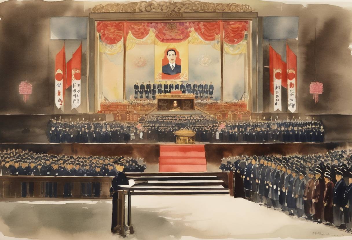 Watercolor painting based depiction of Emperor Hirohito proclaims the new Constitution of Japan, which significantly diminishes the role of the emperor, promoting democracy and peace. (1946)