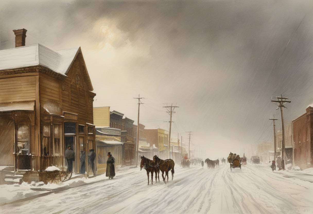 Watercolor painting based depiction of A blizzard starts in Rawlins, Wyoming that will later become known as the Great Blizzard of 1888, impacting areas of the United States with severe weather. (1888)