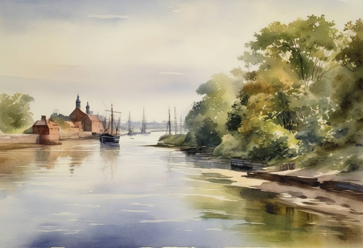 Watercolor painting based depiction of The Kiel Canal, a 98-kilometer waterway connecting the North Sea with the Baltic Sea, officially opened. (1895)