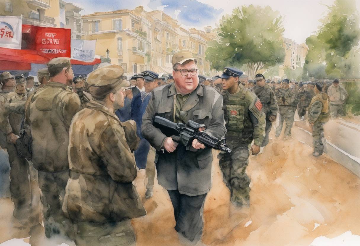 Watercolor painting based depiction of Fahrenheit 9/11, a documentary film by Michael Moore that critiques the presidency of George W. Bush and the War on Terror, premieres at the Cannes Film Festival and wins the Palme d'Or. (2004)