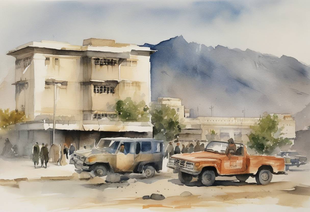 Watercolor painting based depiction of The American embassy in Kabul, Afghanistan closes due to the deteriorating security situation in the country. (1989)