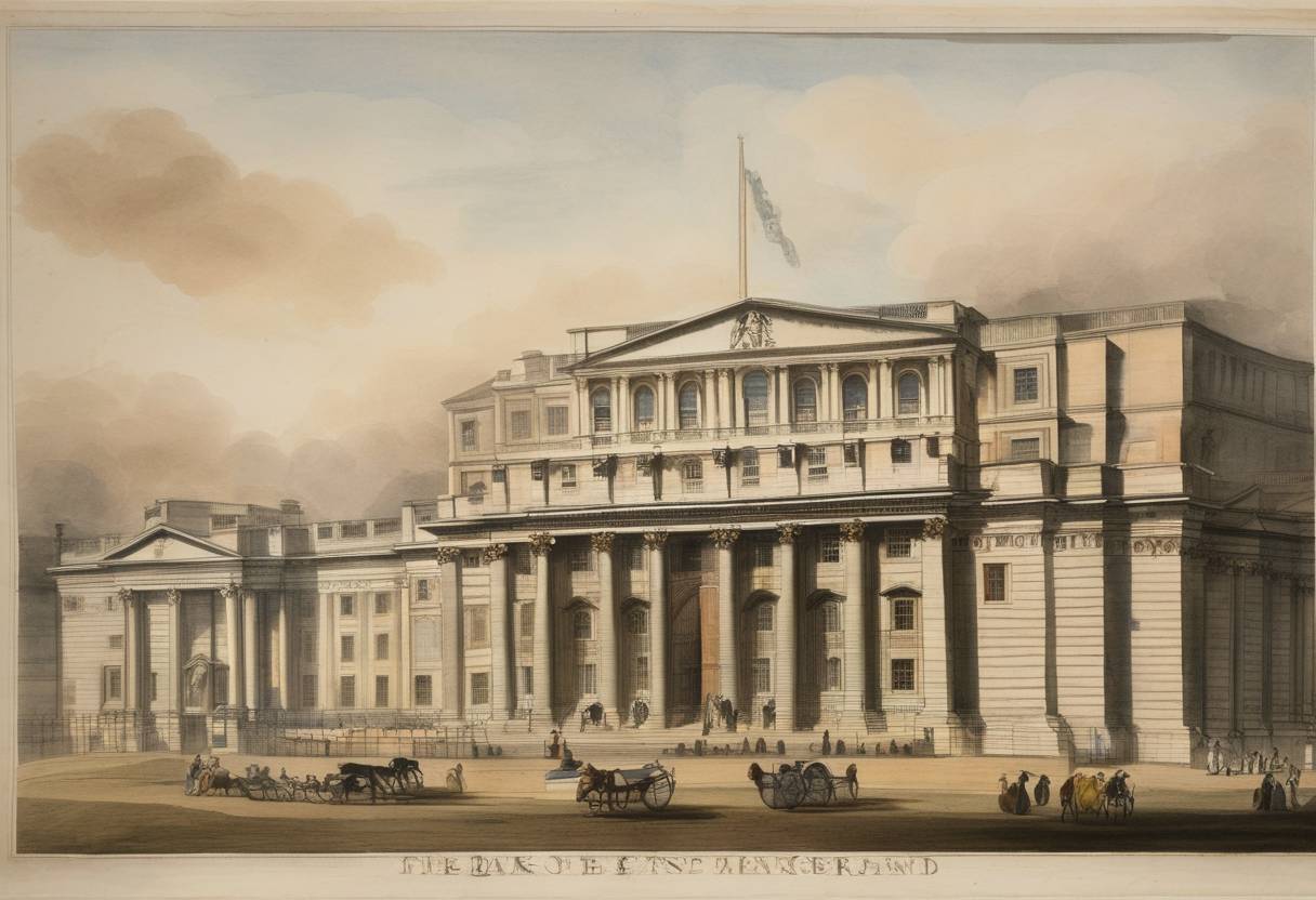 Watercolor painting based depiction of The Bank of England issues the first one pound note, marking a significant development in the history of British banknotes and the financial system. (1797)