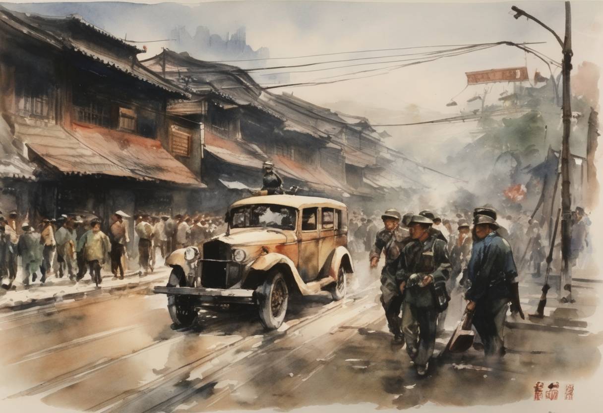 Watercolor painting based depiction of The 228 Incident occurs in Taiwan when an anti-government uprising begins, resulting in a violent crackdown by the Kuomintang-led Republic of China government. (1947)
