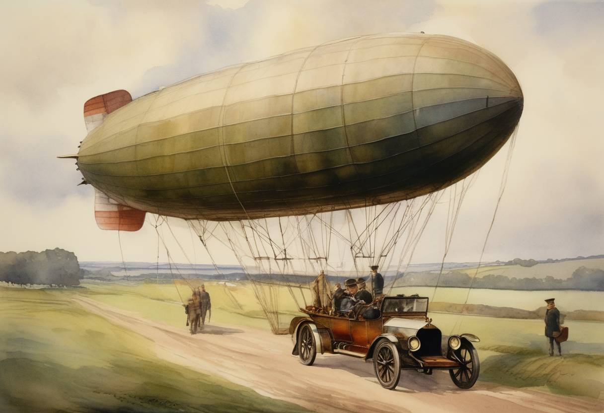 Watercolor painting based depiction of The British airship R34 lands in Norfolk, England, completing the first round-trip transatlantic flight. (1919)