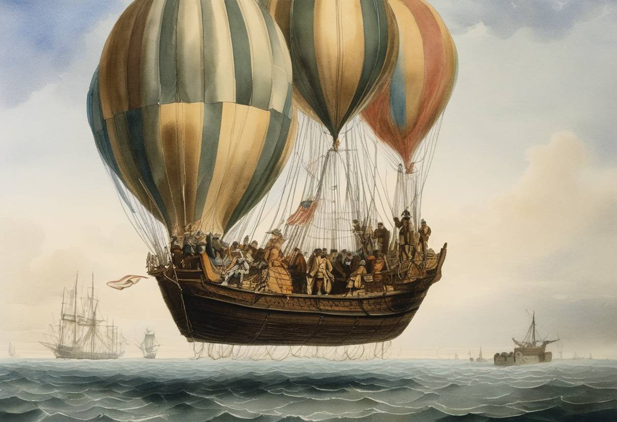 Watercolor painting based depiction of Frenchman Jean-Pierre Blanchard and American John Jeffries travel from Dover, England, to Calais, France, in a gas balloon, marking the first successful overflight of the English Channel. (1785)