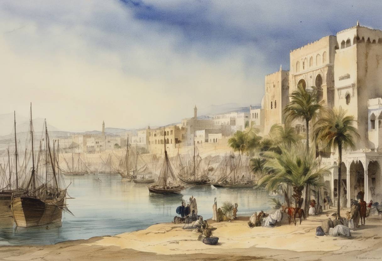 Watercolor painting based depiction of Founding of Tunisia's city of Bizerte as a French protectorate following the Treaty of Bardo. (1881)