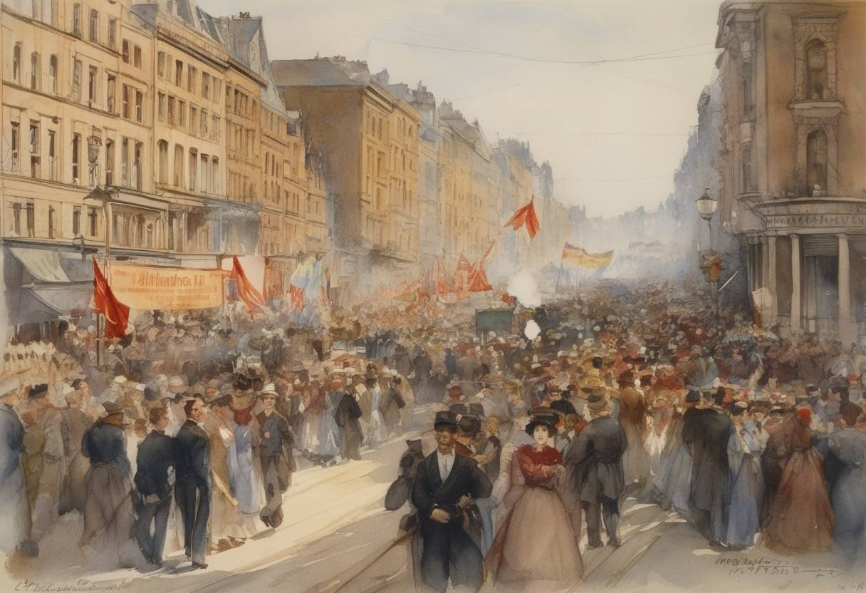 Watercolor painting based depiction of The first official celebration of International Workers' Day, also known as May Day, is held after being established by the Second International to commemorate the Haymarket affair. (1894)
