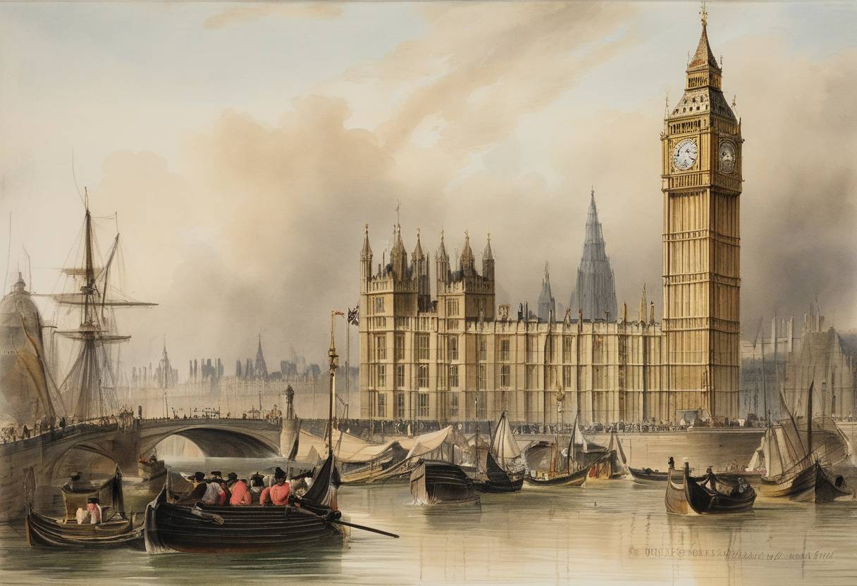 Watercolor painting based depiction of The first edition of the popular travel and hotel guide 'Bradshaw’s Guide' was published by George Bradshaw in England. (1851)