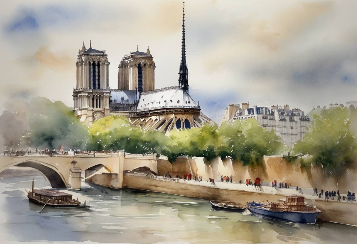 Watercolor painting based depiction of Construction of the current building of Notre-Dame de Paris begins, replacing an earlier basilica. (1284)