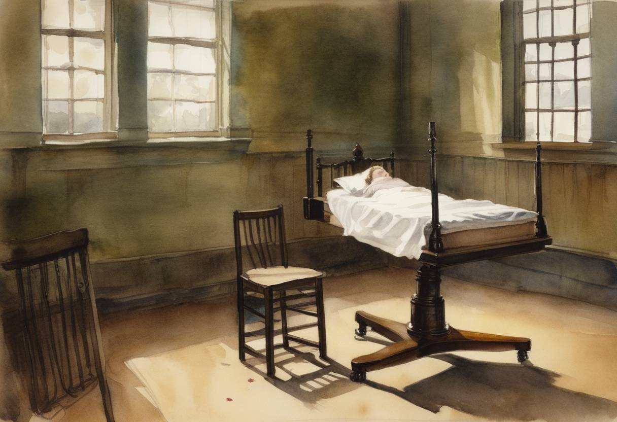 Watercolor painting based depiction of Martha Place became the first woman to be executed in the electric chair at Sing Sing Correctional Facility in New York for the murder of her stepdaughter. (1899)