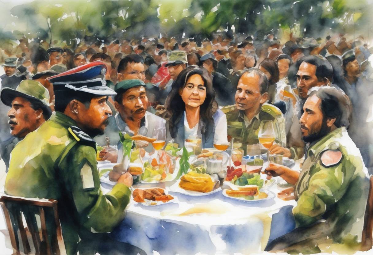 Watercolor painting based depiction of The Siege of Colombia's capital begins as FARC rebels take 35 people hostage at a dinner to celebrate the liberation of hostages including political figure Ingrid Betancourt. (2008)