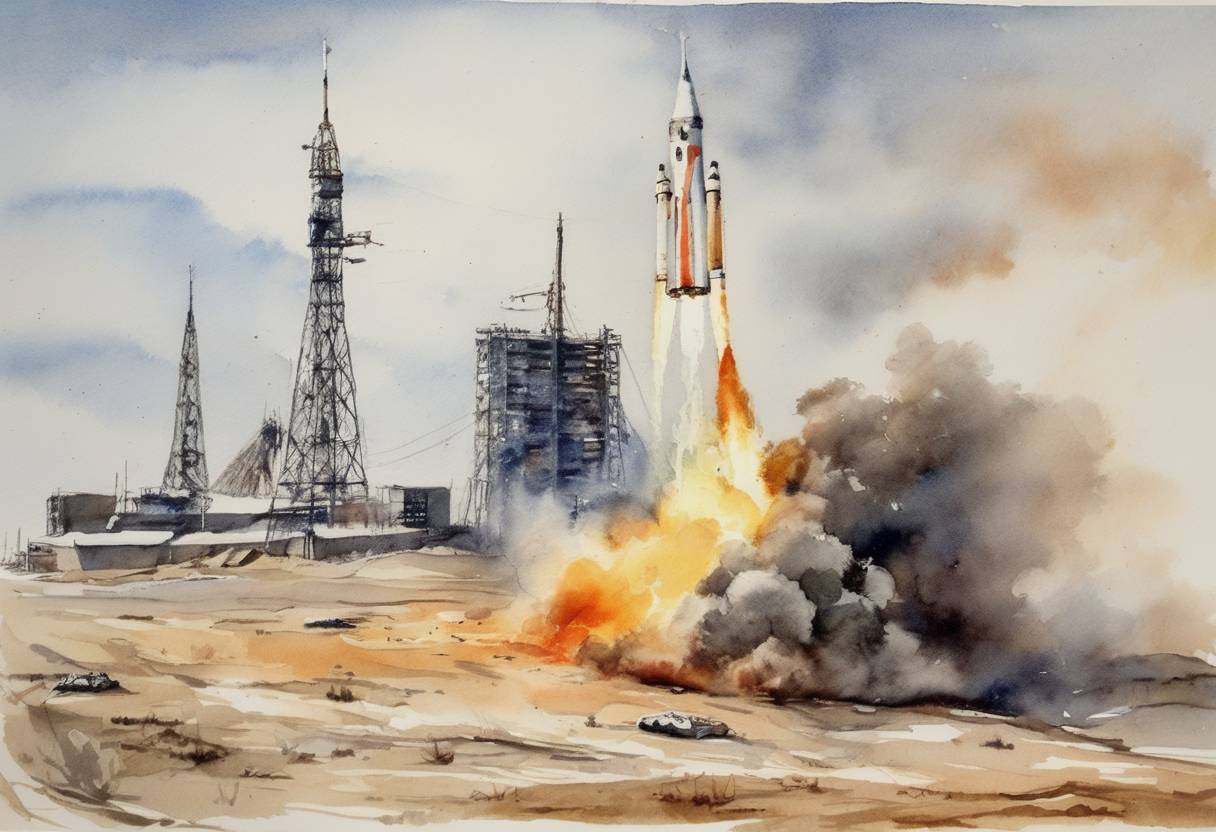 Watercolor painting based depiction of An accidental rocket launch in the Soviet Union kills a cosmonaut candidate and injures several others during the Soyuz program training. The incident leads to increased safety measures within the program. (1967)