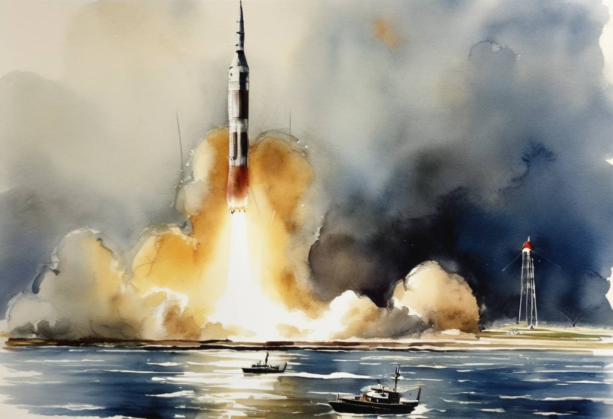 Watercolor painting based depiction of The United States successfully launches its first satellite, Explorer 1, marking the country's entry into the space race. (1958)