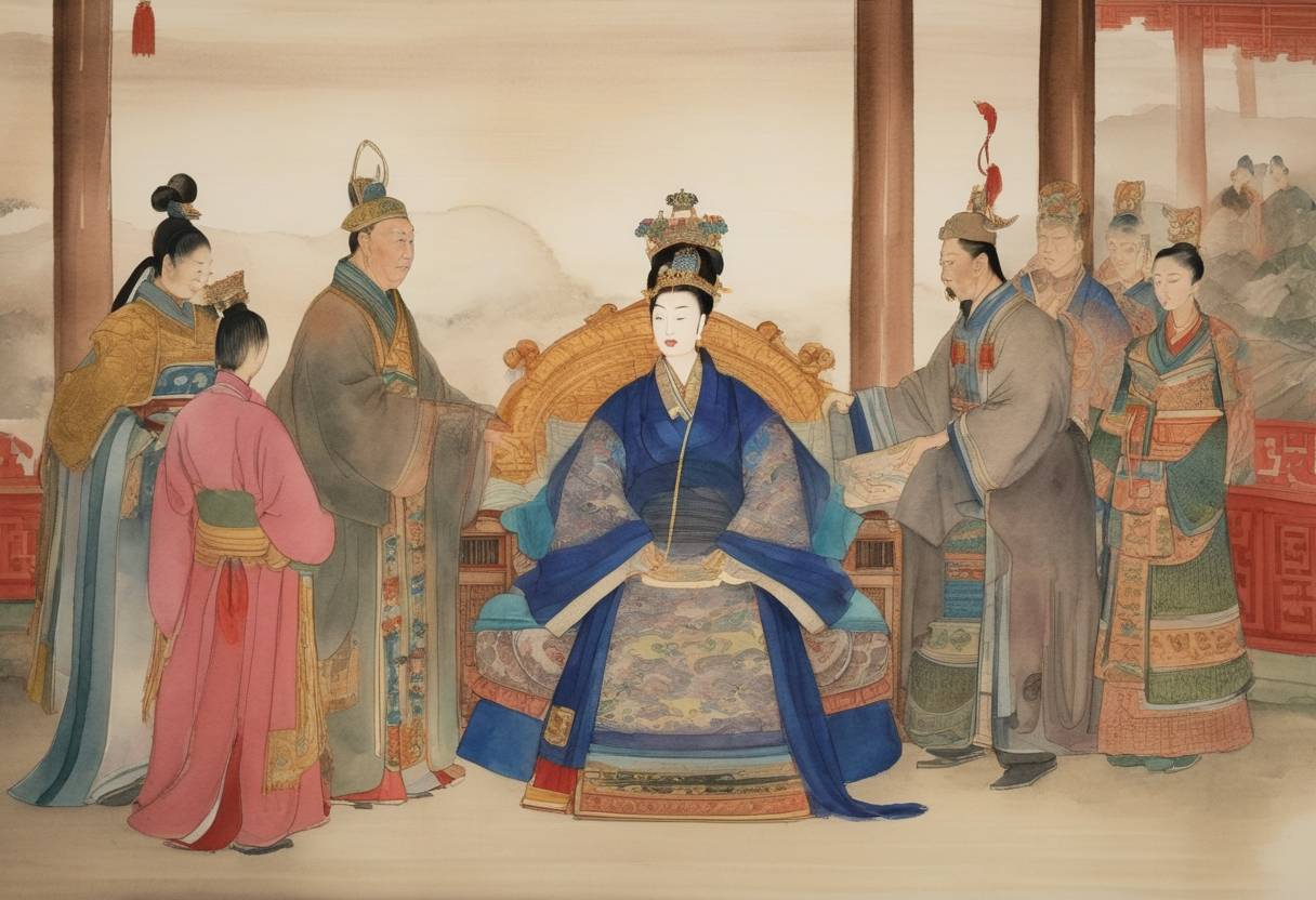 Watercolor painting based depiction of Empress Wu Zetian, the only woman to ever officially reign as emperor in Chinese history, abdicates the throne and is succeeded by her son, Emperor Zhongzong, restoring the Tang Dynasty. (706)