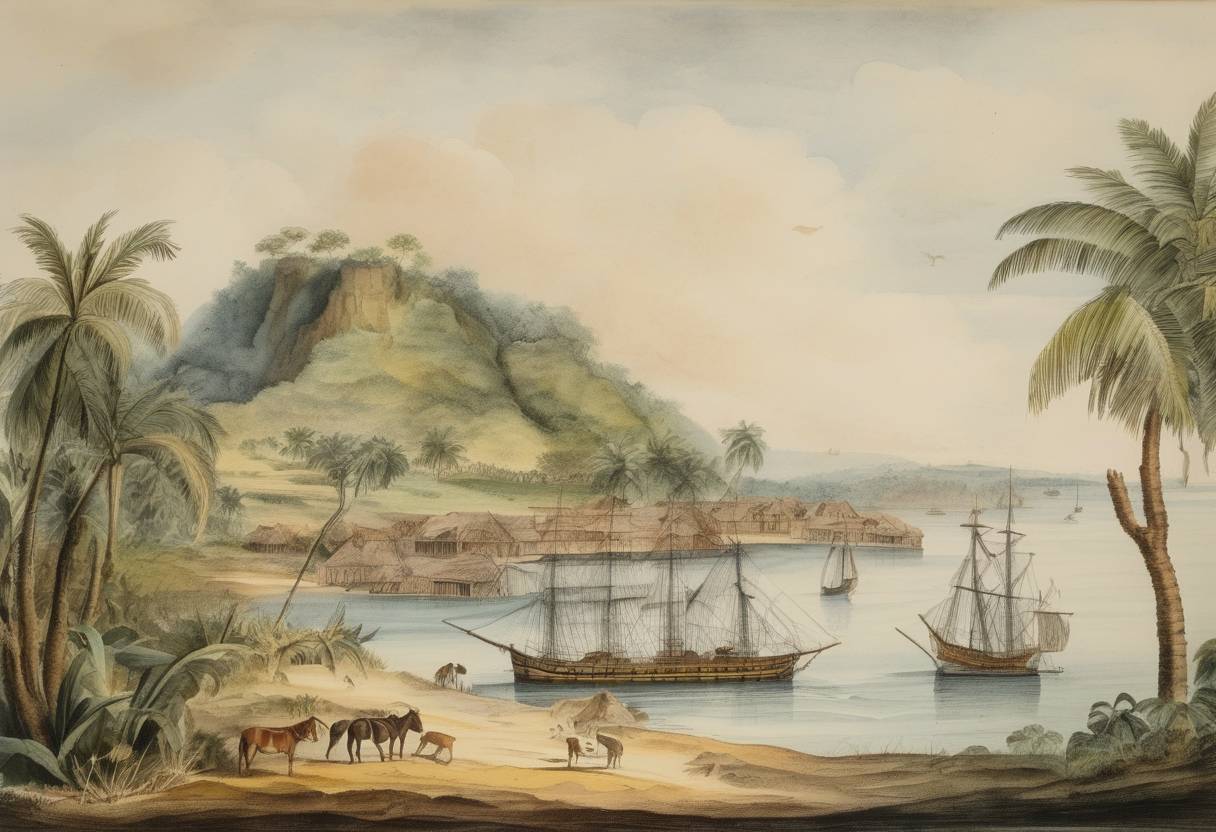 Watercolor painting based depiction of The Portuguese reestablish control over the island of Sainte-Marie, off the east coast of Madagascar, after ousting pirates who had occupied it. (1768)