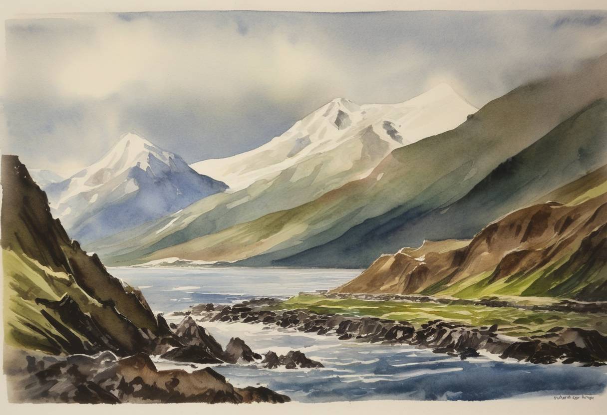 Watercolor painting based depiction of A 7.4 magnitude earthquake struck the Aleutian Islands of Alaska, causing widespread damage and a subsequent tsunami. (1946)