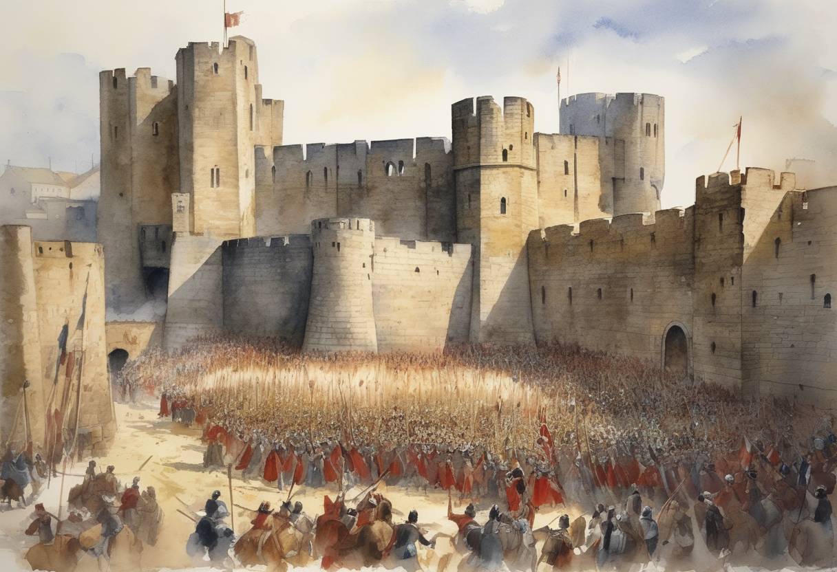 Watercolor painting based depiction of During the Third Crusade, the massacre of Jews at Clifford's Tower in York, England, took place. This tragic event followed a series of anti-Semitic riots where the Jewish community sought refuge in the tower. (1190)