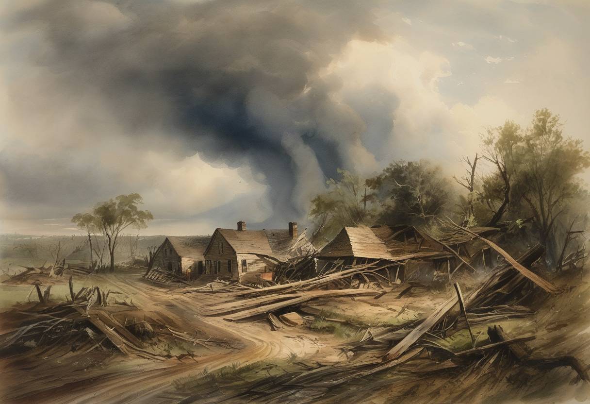Watercolor painting based depiction of More than sixty tornadoes strike across the Southern United States, causing widespread damage and loss of life. (1884)