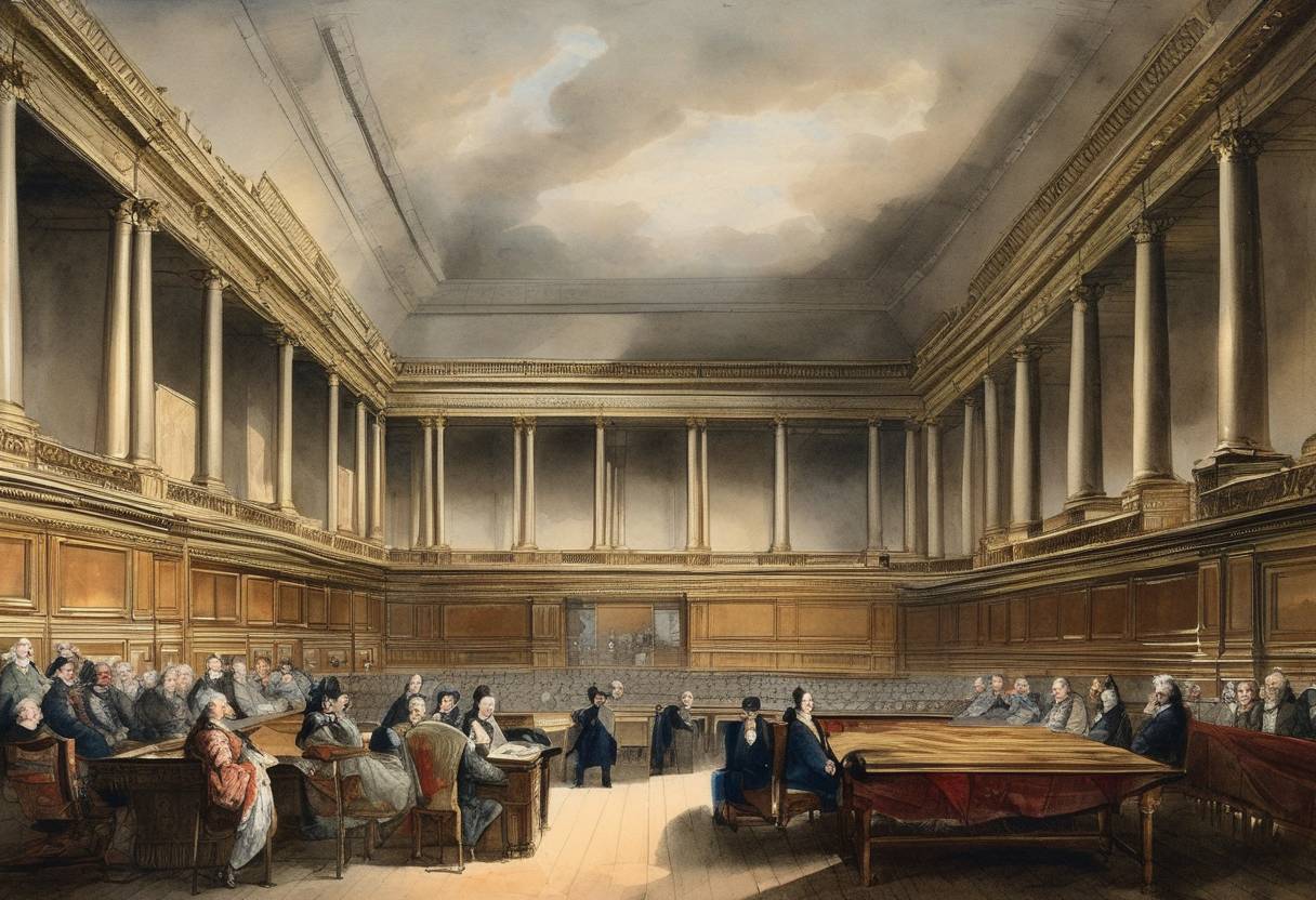 Watercolor painting based depiction of The Parlement of Paris is suspended after refusing to register revised May Edicts which aimed at reorganizing the judicial system in France. (1788)