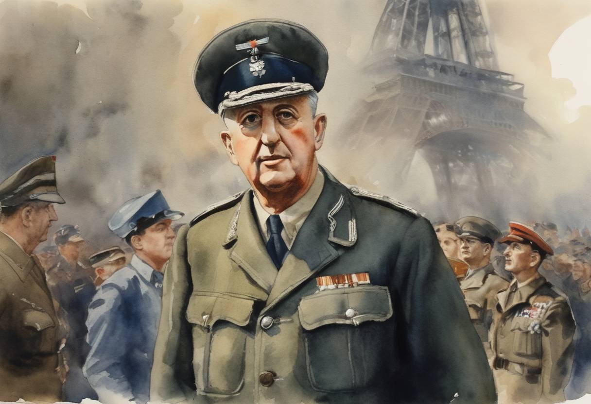 Watercolor painting based depiction of The popular leader of the Free French Forces, Charles de Gaulle, was designated President of the Provisional Government of the French Republic. (1944)