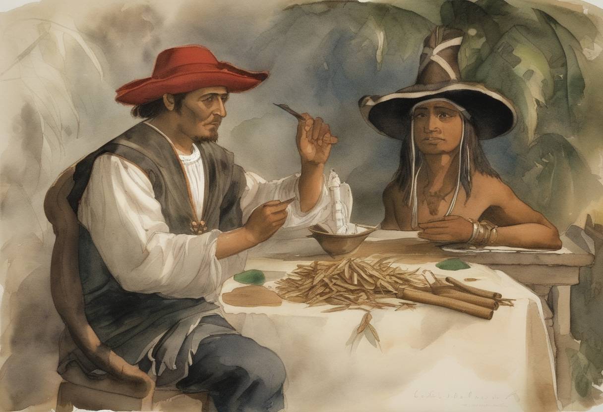 Watercolor painting based depiction of Christopher Columbus noted in his journal that he observed tobacco for the first time among the indigenous people of Cuba. (1492)