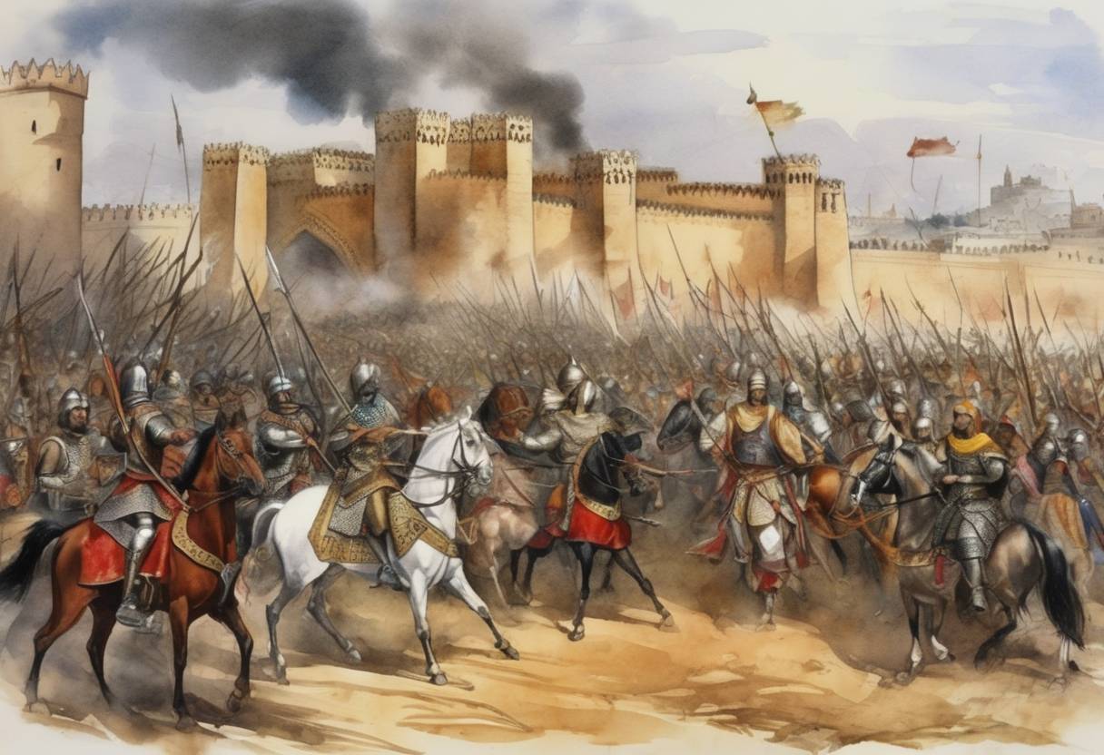 Watercolor painting based depiction of During the reign of King Alfonso VI of León and Castile, the Battle of Zallaqah took place, where Muslim forces led by Almoravid general Yusuf ibn Tashfin defeated Christian forces near Sagrajas, reinforcing the Muslim presence in the Iberian Peninsula. (1086)