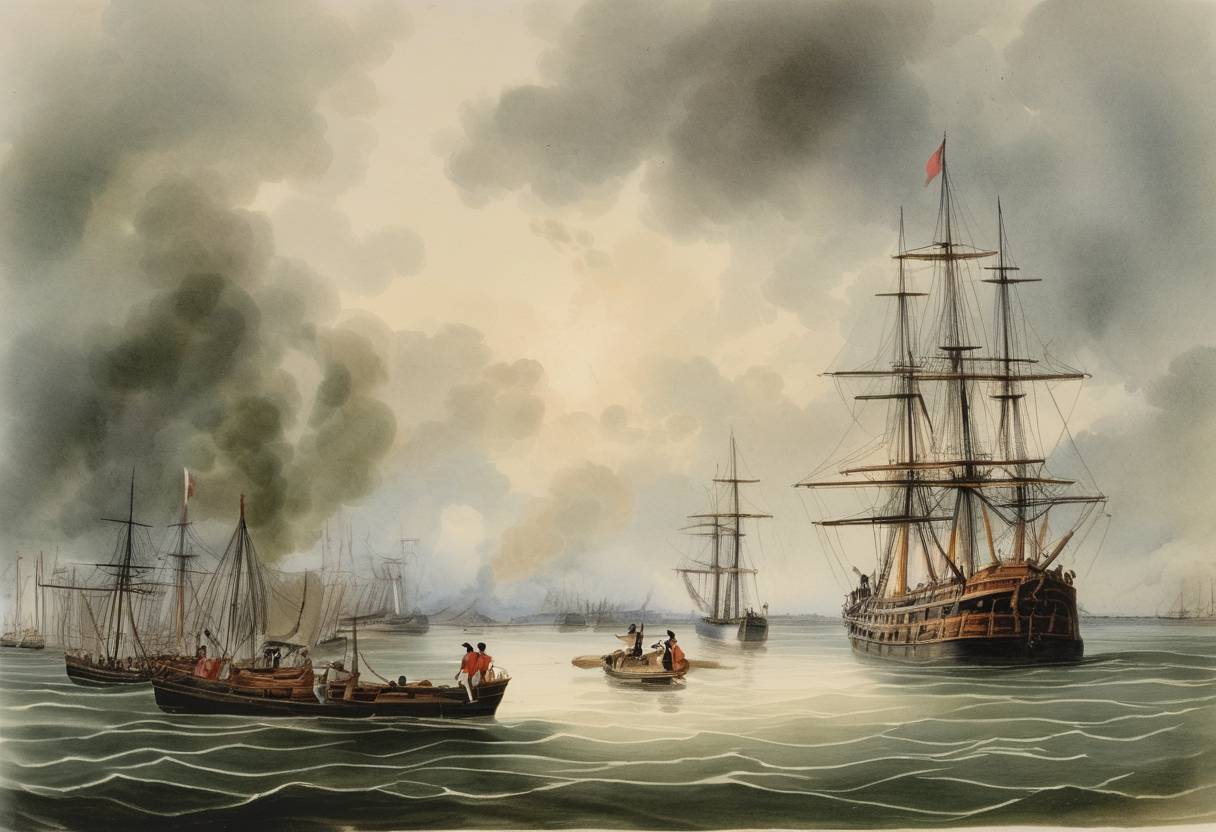 Watercolor painting based depiction of The Demerara River in Guyana sees the arrival of the HMS Bellerophon and its crew, marking an important logistical moment in the British West Indies campaign. (1814)
