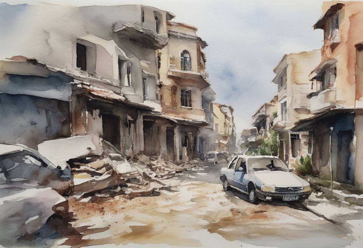 Watercolor painting based depiction of A 6.4 magnitude earthquake struck Albania, resulting in substantial damage and loss of life, becoming one of the strongest to hit the country in decades. (2019)