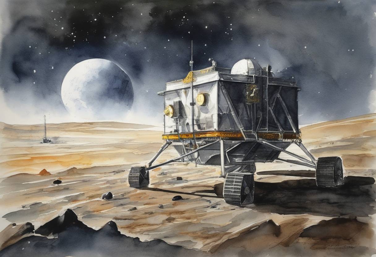 Watercolor painting based depiction of India launched its first lunar probe, Chandrayaan-1, marking a significant milestone in its space exploration efforts. The mission aimed to map the Moon's surface and search for water. (2008)