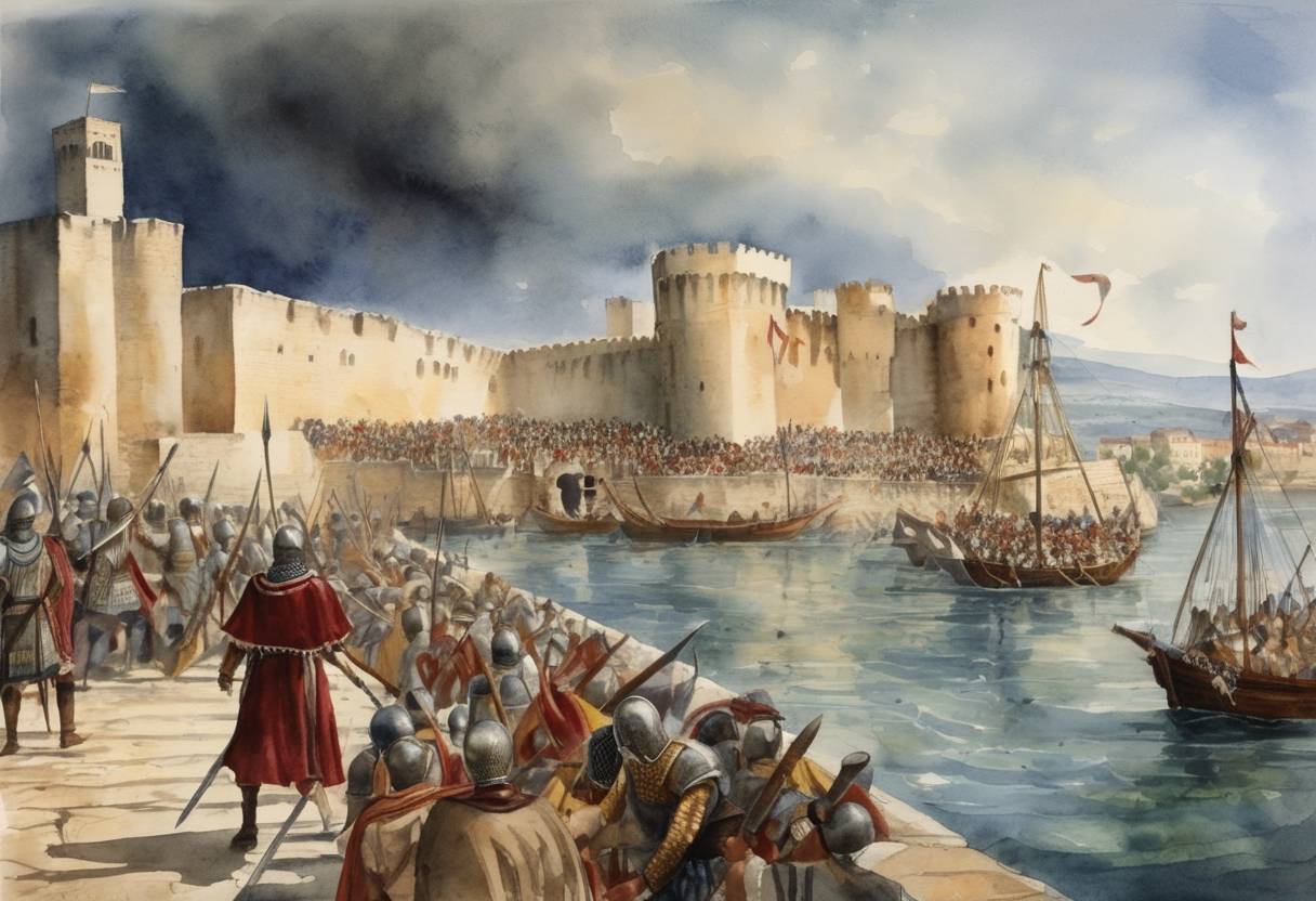 Watercolor painting based depiction of The Fourth Crusade arrived at the walls of Zara (modern-day Zadar, Croatia) and began the Siege of Zara. This was the first major action of the Fourth Crusade and marked the first time a Catholic city was attacked by a crusading force. (1202)