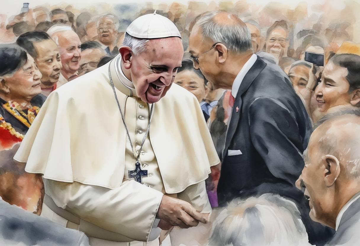 Watercolor painting based depiction of Pope Francis compared politicians who rage against homosexuals, gypsies, and Jews to Hitler in an address delivered during his visit to Thailand, emphasizing the dangers of extreme populism and nationalism. (2019)